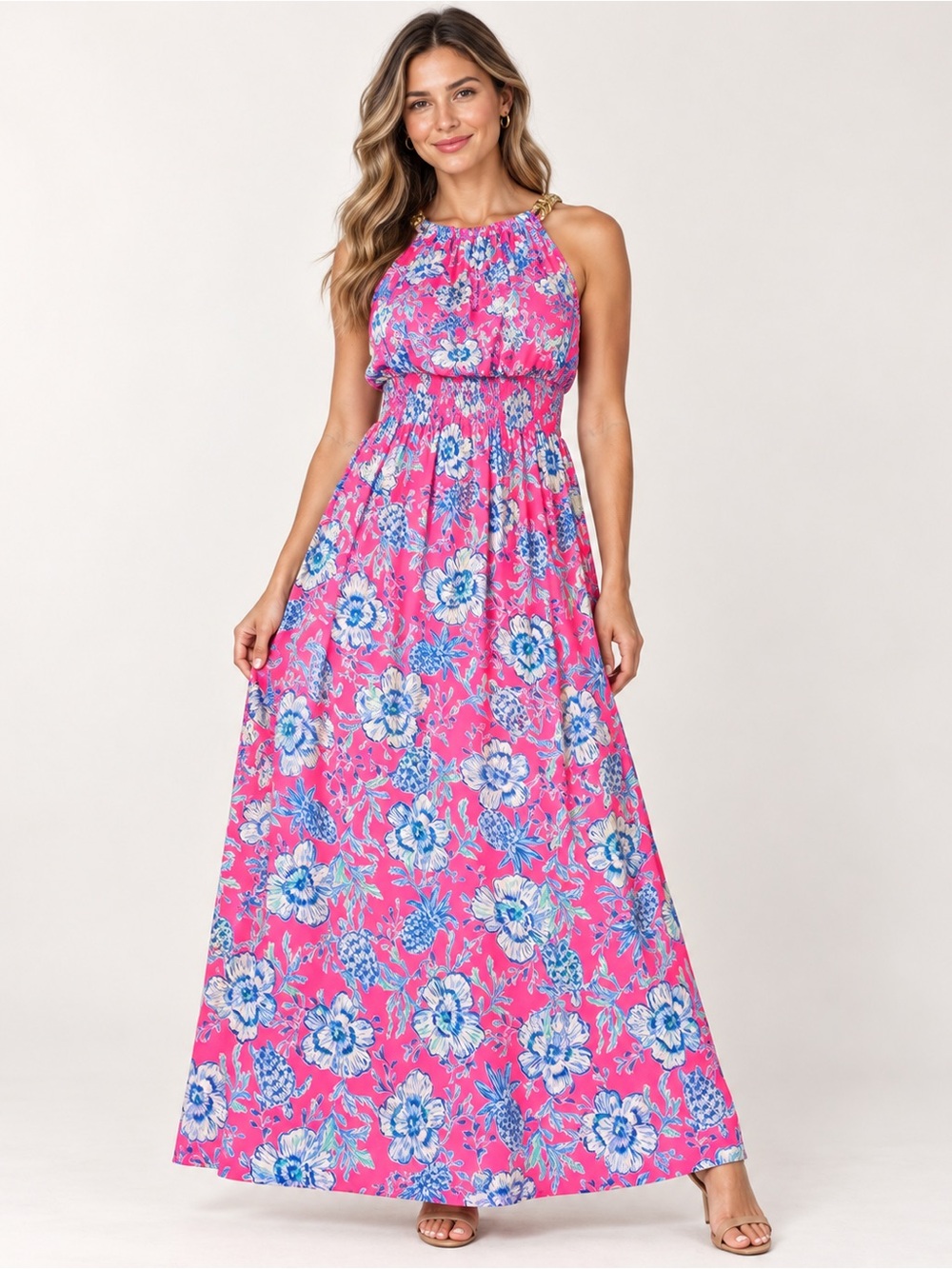 Lilly Pulitzer Pink Blue Floral Halter Maxi Dress Gold Detail